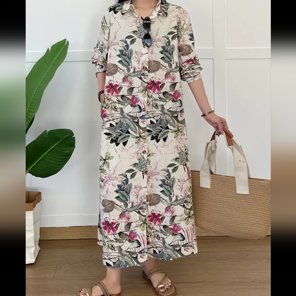 Floral Print Linen/Viscose Maxi Dress With Long Roll Up Sleeves - Picture 4 of 9